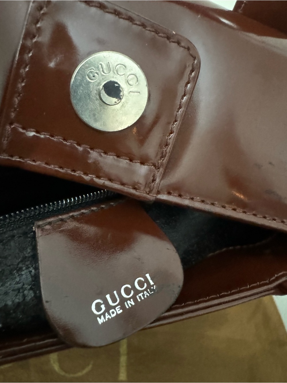 Authentic Gucci Glossy Brown Patent Leather Satchel with Double G Emboss - Picture 11 of 16
